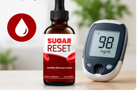 A blood glucose meter reading 98 mg/dL beside a bottle of Sugar Reset